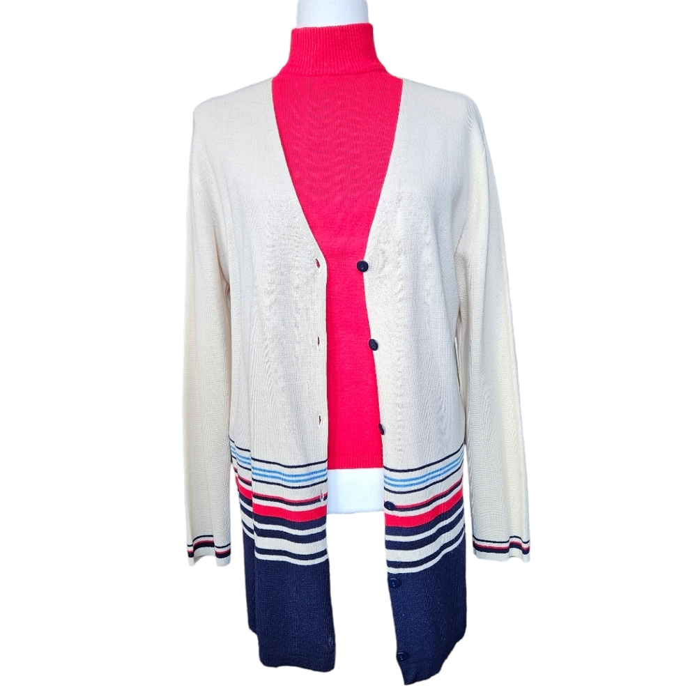 Jones&Co wool blend ivory tunic cardigan navy red striped bottom side slit L